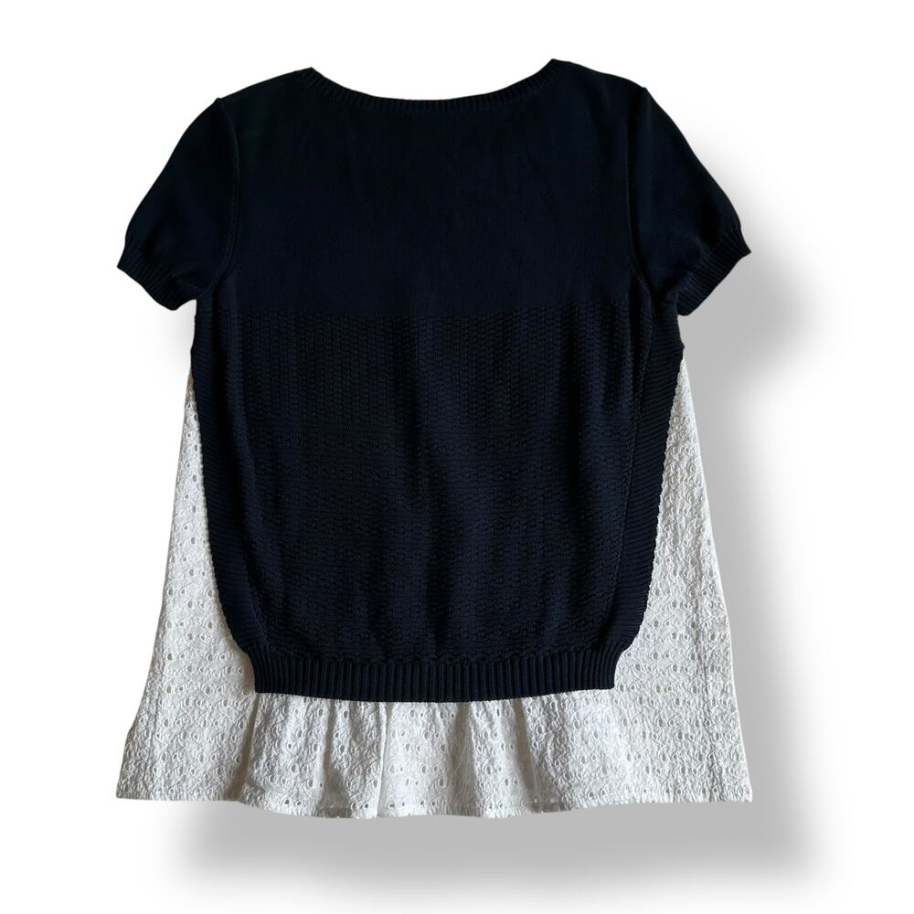 Piazza Sempione Navy Knit‎ Top White Lace Hem Italy Size M Short Sleeve Designer